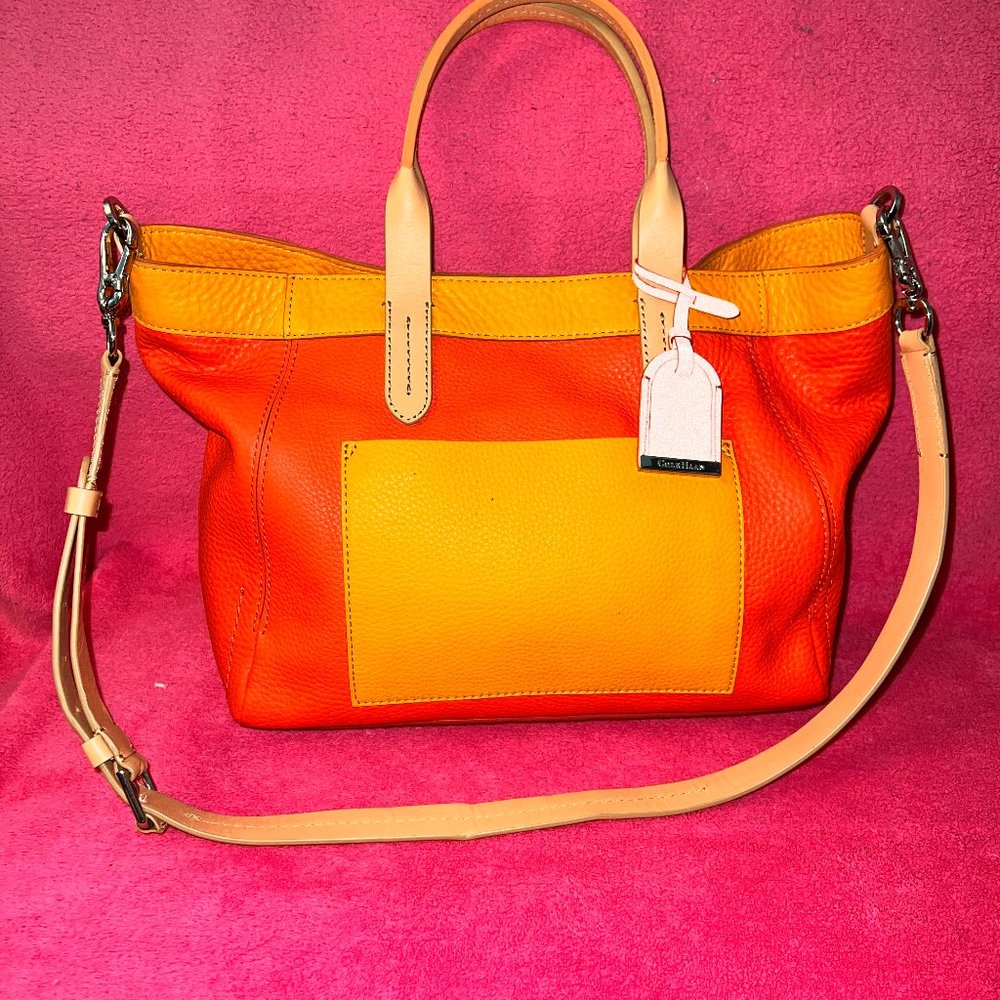 COLE HAAN CROSBY ORANGE COLORBLOCK TOTE/SM SHOPPER WITH MED ZIP POUCH/WRISLET